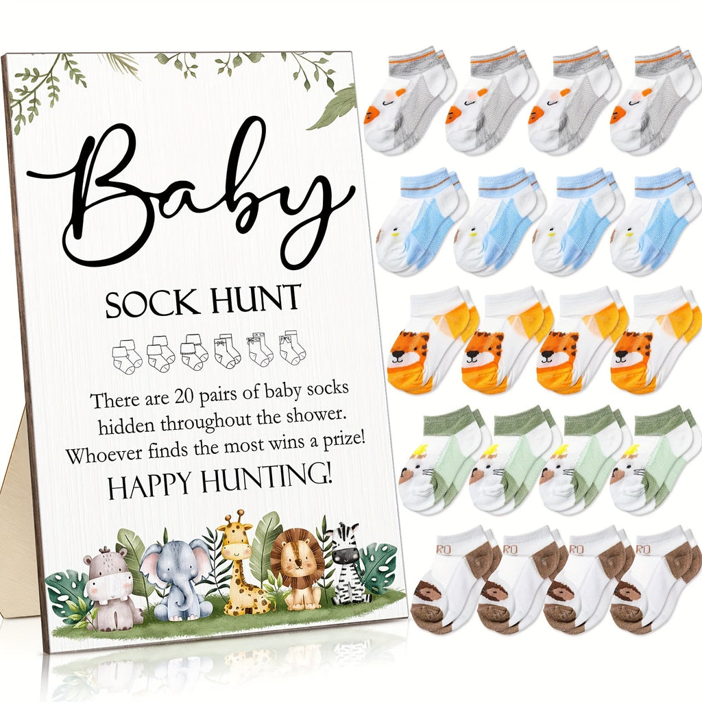 Baby Shower Sock Hunt Game Set 20 Pairs Cotton Socks with Wooden Table Sign Gender Reveal Party Favor