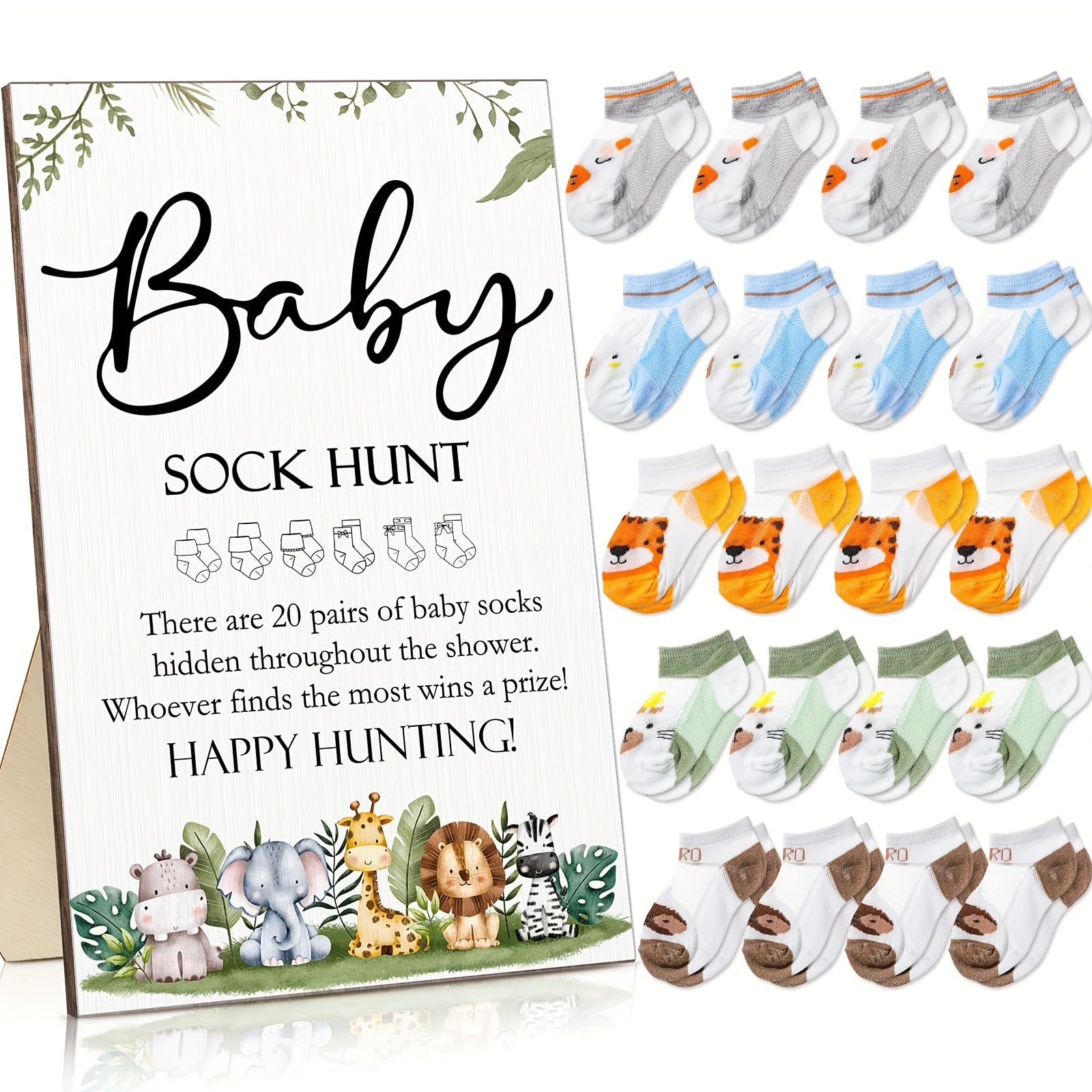 Baby Shower Sock Hunt Game Set 20 Pairs Cotton Socks with Wooden Table Sign Gender Reveal Party Favor