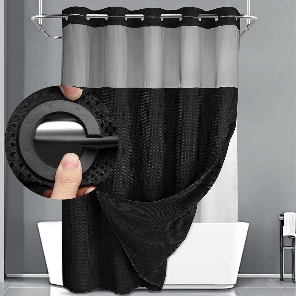 Hookless Shower Curtain with Snap Liner 74x71 Inch - Waffle Texture Double Layer with See-Through Window Waterproof Washable Hotel Quality Bathroom Curtain Set | Grey White Matcha Black | Home Decor Gift