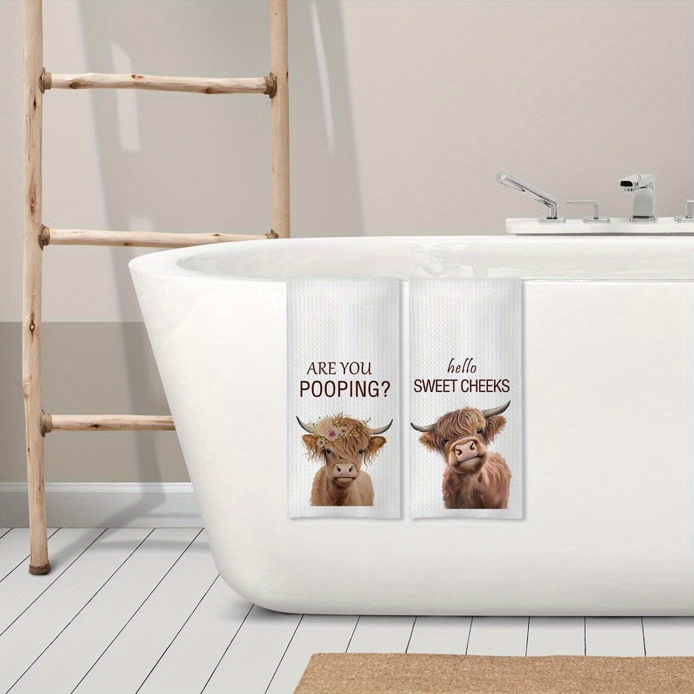 Highland Cow Hand Towels Set of 2 Funny Farmhouse Bathroom Decor Hello Sweet Cheeks Absorbent Kitchen Towel 16x24 Inch Washroom Gift