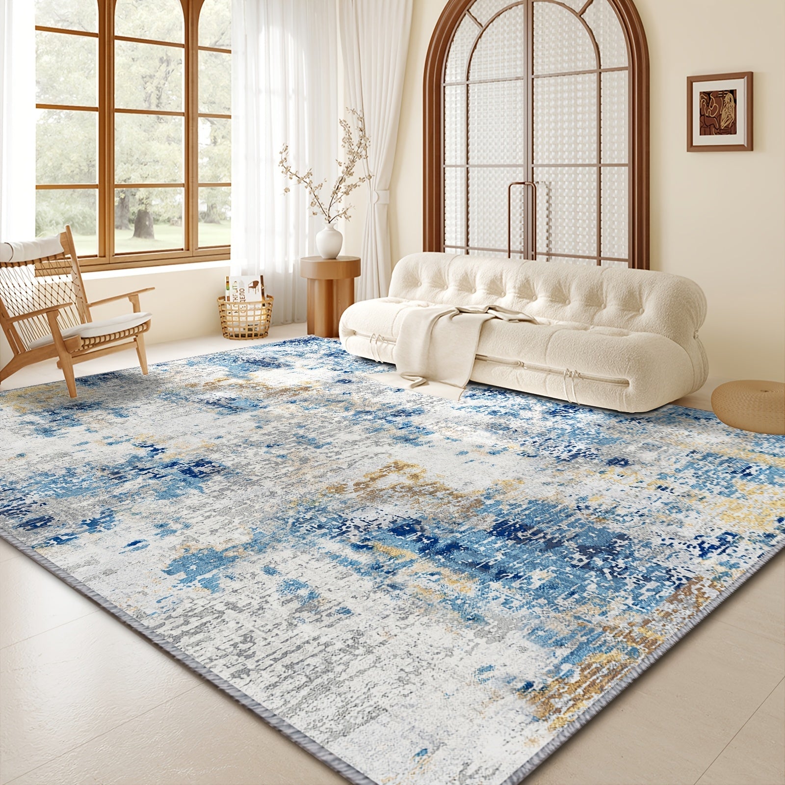 Moroccan Boho Area Rug Machine Washable Low Pile Soft Indoor Carpet for Living Room Bedroom Office Neutral Blue Brown Red Multi-Size