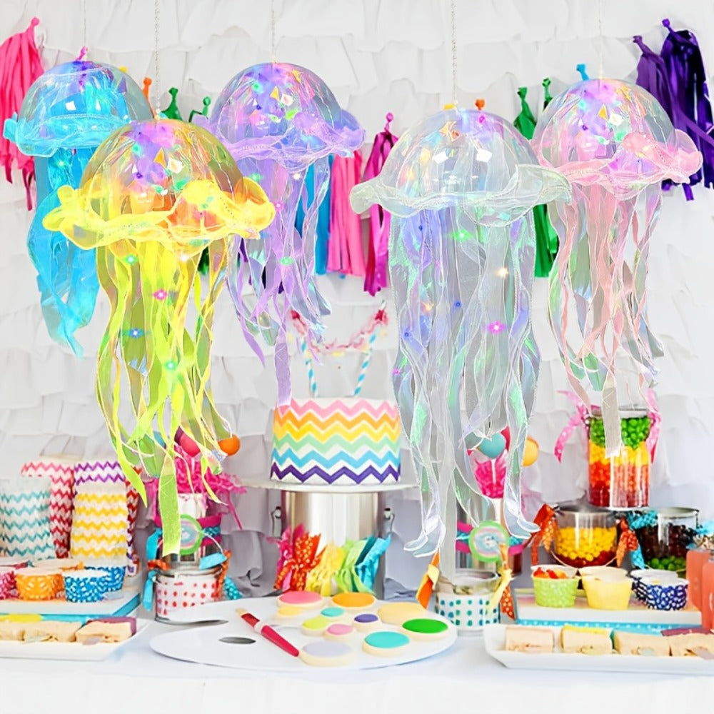 Jellyfish Lantern Party Decorations 5 Pack ¨C Colorful Translucent Ribbon Hanging Lights for Halloween Christmas Wedding Birthday, Indoor Outdoor Festive Event Decor (Crystal Ribbon / Set)
