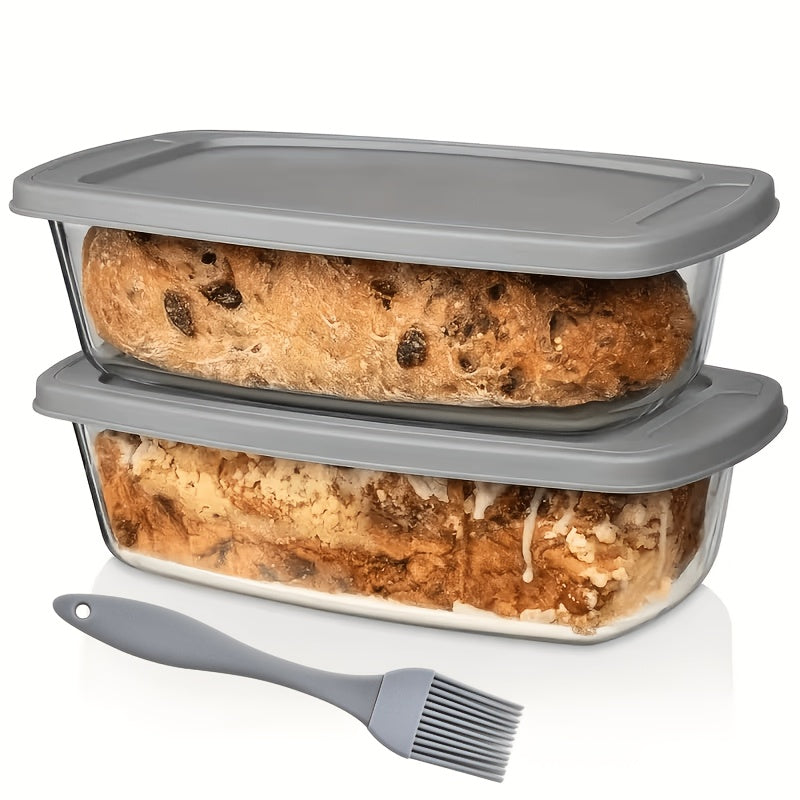 Glass Baking Dish with Lid, 1.9 Qt Rectangular Glass Loaf Pan with Handles, Oven & Microwave Safe Airtight Food Storage Container, Stackable Glass Bread Pan for Baking Bread Cakes, with Silicone Brush
