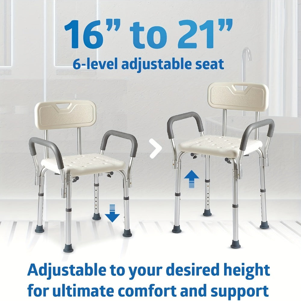 Shower Chair with Padded Armrests & Back - Heavy Duty Bath Seat 350 lb Capacity, Adjustable Height, Non-Slip Base, Lightweight Aluminum Frame for Elderly, Seniors & Disabled