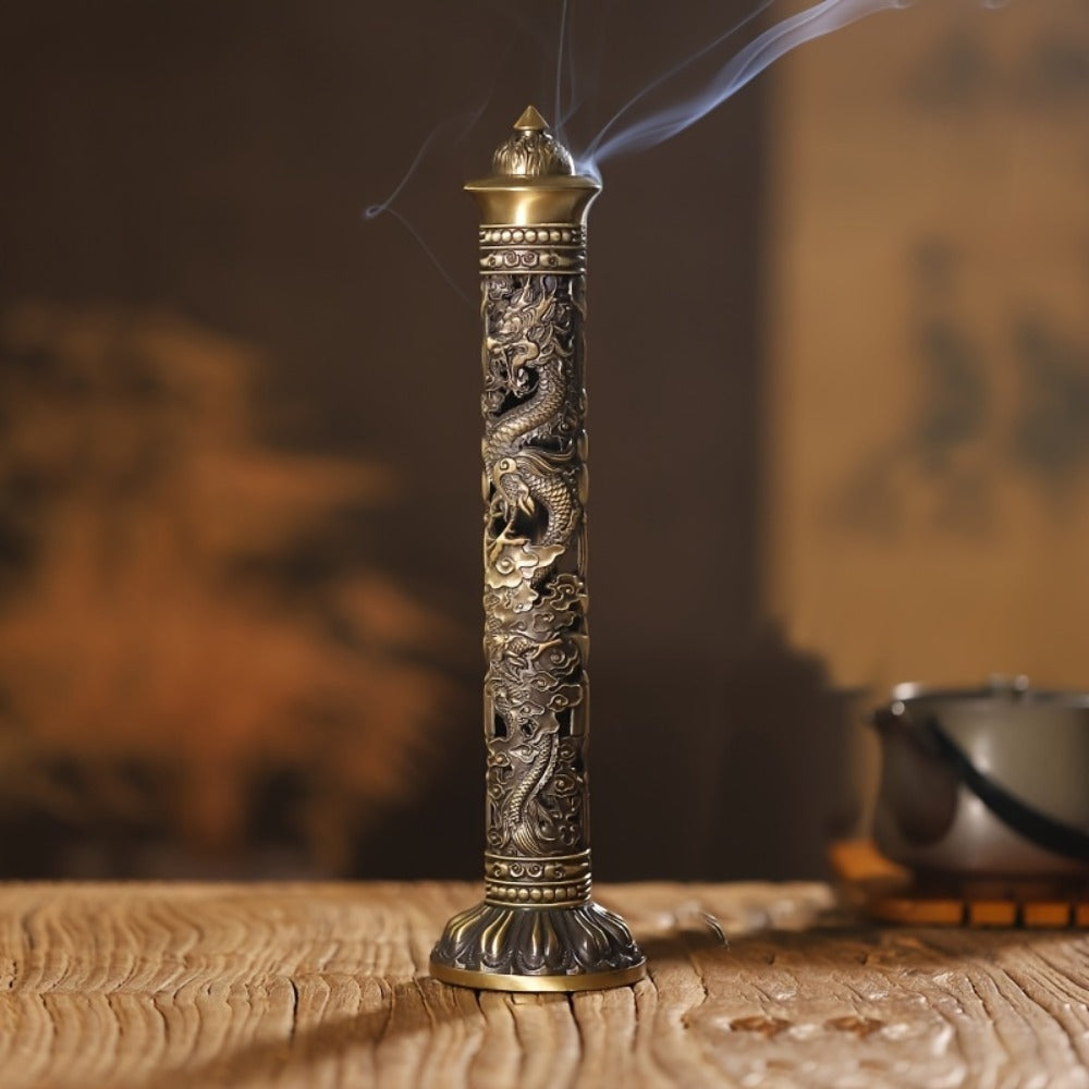 Incense Stick Holder Metal Retro Vertical Design, Dragon & Phoenix Heart Sutra Motif Brass Incense Burner Stand, Home Office Altar Meditation Ceremony Decoration Gift