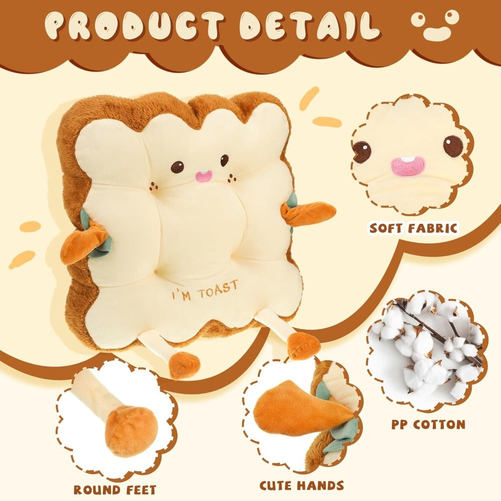 Kawaii Plush Toast Cushion Cute Bread Shaped Seat Pillow Funny Face Expression Soft Stuffed Food Pillow for Office Chair Car Sofa Bedroom Gift