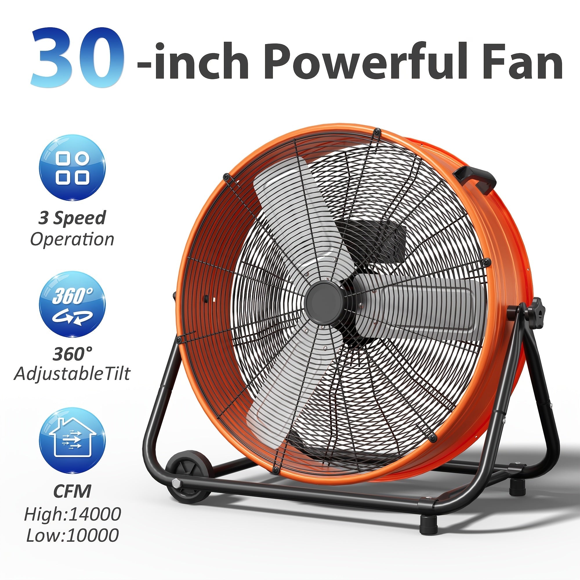 Industrial Drum Fan 24 & 30 Inch | High Velocity Floor Fan 9460-14000 CFM, 3-Speed Air Circulator with 180¡ã Tilt for Warehouse, Garage, Workshop, Job Site & Large Space Cooling ¨C Multiple Colors