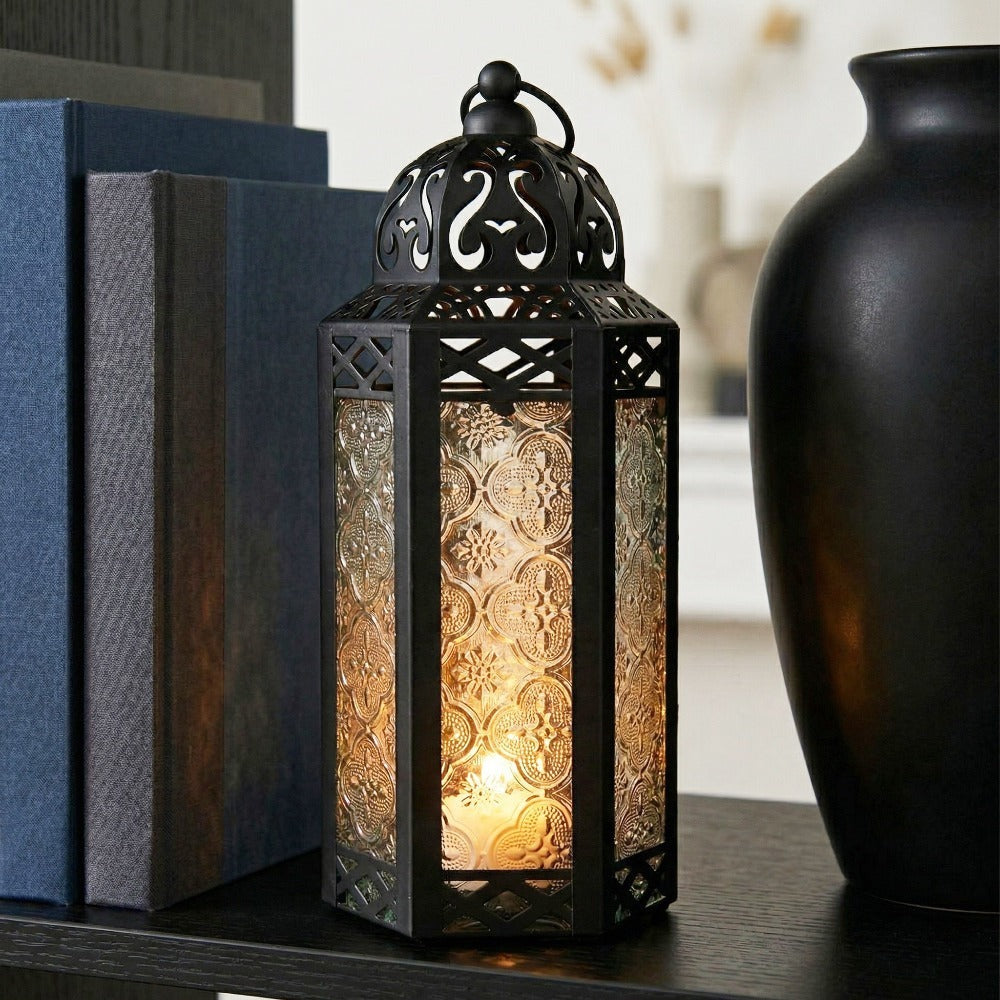 Moroccan Candle Lantern Holder - Decorative Metal & Glass Lantern with Embossed Floral Design for Indoor Home Decor, Garden, Patio, Weddings, Ramadan, Halloween & Holiday Celebrations - 10.5¡± Tall Medium Size