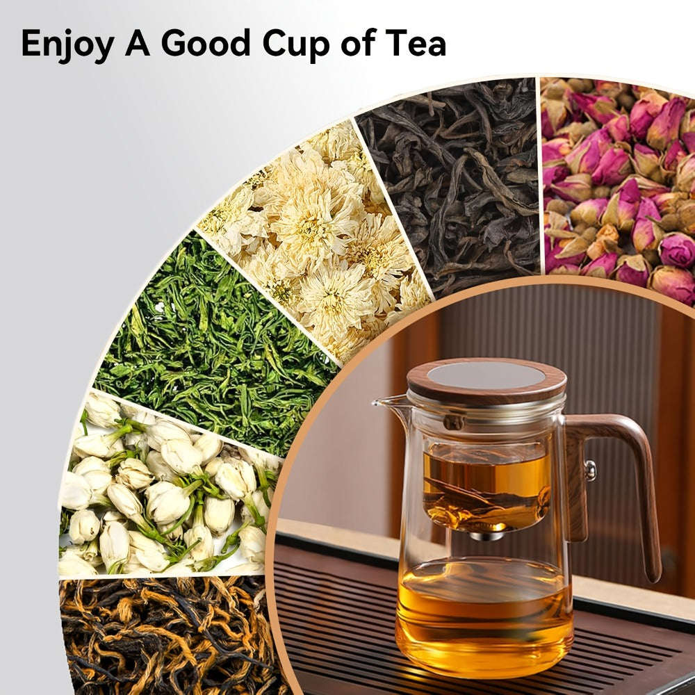 Glass Teapot with Infuser & Wooden Handle ¨C Borosilicate Tea Kettle, One-Button Tea-Water Separation, Drip-Free Spout, 27oz for Loose Leaf & Blooming Tea, Holiday Gift for Men & Women