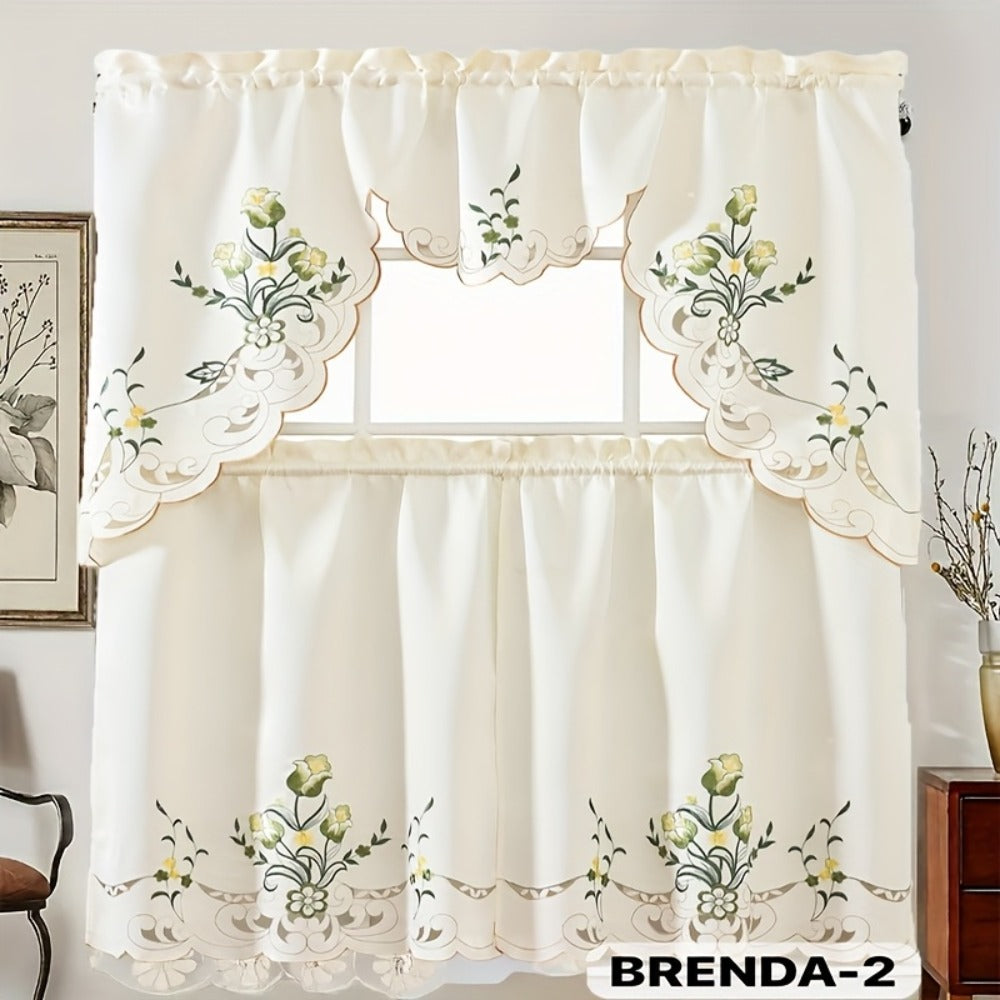 Kitchen Curtains 3 Piece Set Embroidered Satin Valance and Tiers - Rod Pocket Light Filtering Machine Washable 46 Colors Available All Season Home Decor