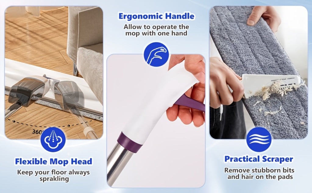 Spray Mop with 3 Washable Microfiber Carbon Fiber Pads Water Spraying Flat Mop Wet Dry Dual Use Floor Cleaning for Hardwood Laminate Tile Ceramic 4pc White