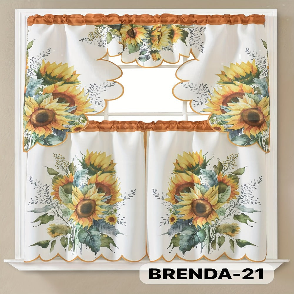Kitchen Curtains 3 Piece Set Embroidered Satin Valance and Tiers - Rod Pocket Light Filtering Machine Washable 46 Colors Available All Season Home Decor