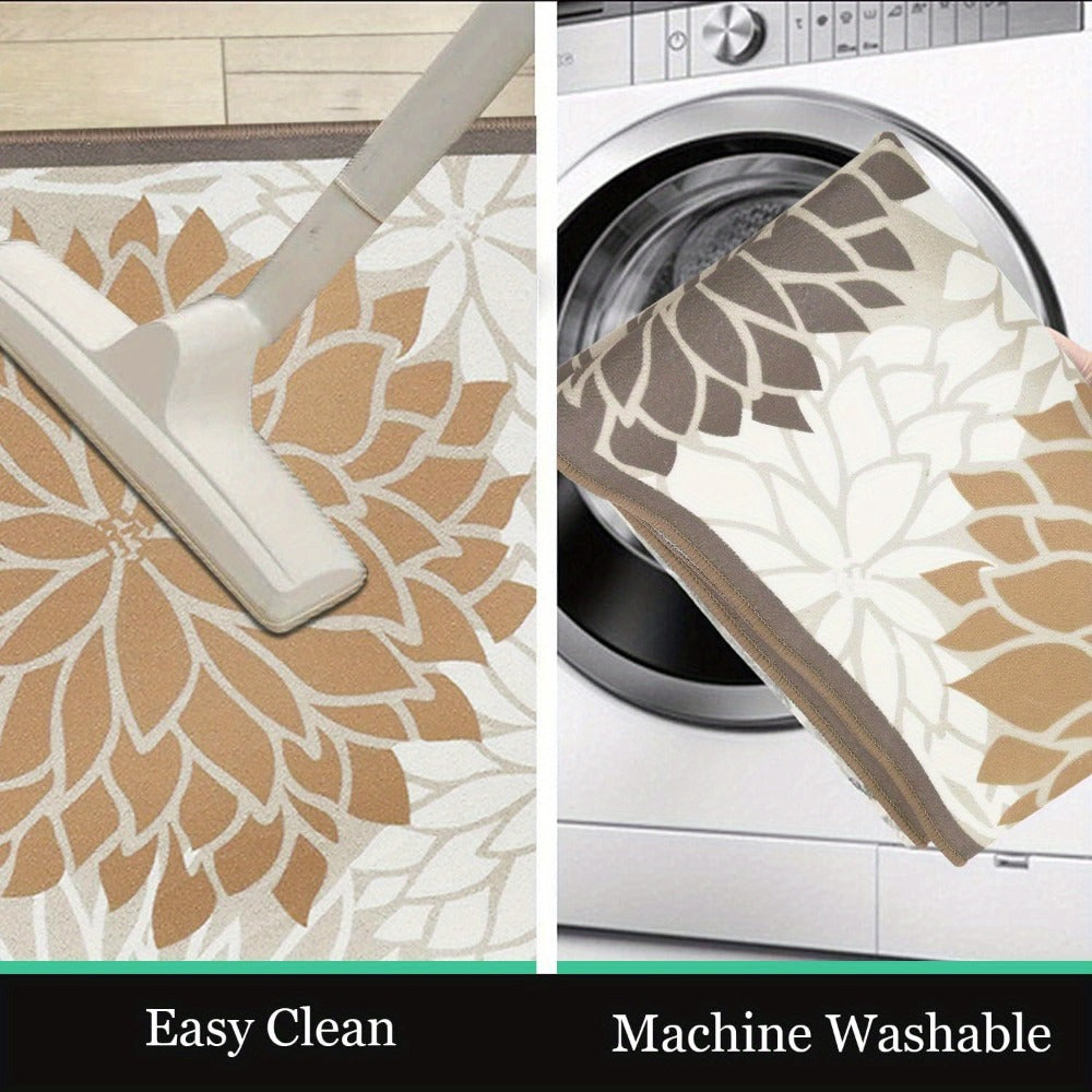 Floral Medallion Runner Rug Non-Slip Machine Washable ¨C Low-Profile Hallway Carpet for Entryway, Laundry Room & Bathroom ¨C Brown & Grey, 2x6, 2x8, 2x10 Ft