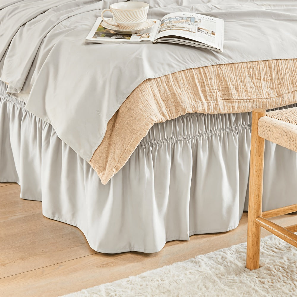Bed Skirt with Adjustable Elastic Belt - Ruffle Microfiber Dust Ruffle 15 Inch Drop, Hotel Quality, Fade Resistant, Machine Washable, Easy Wrap Fit