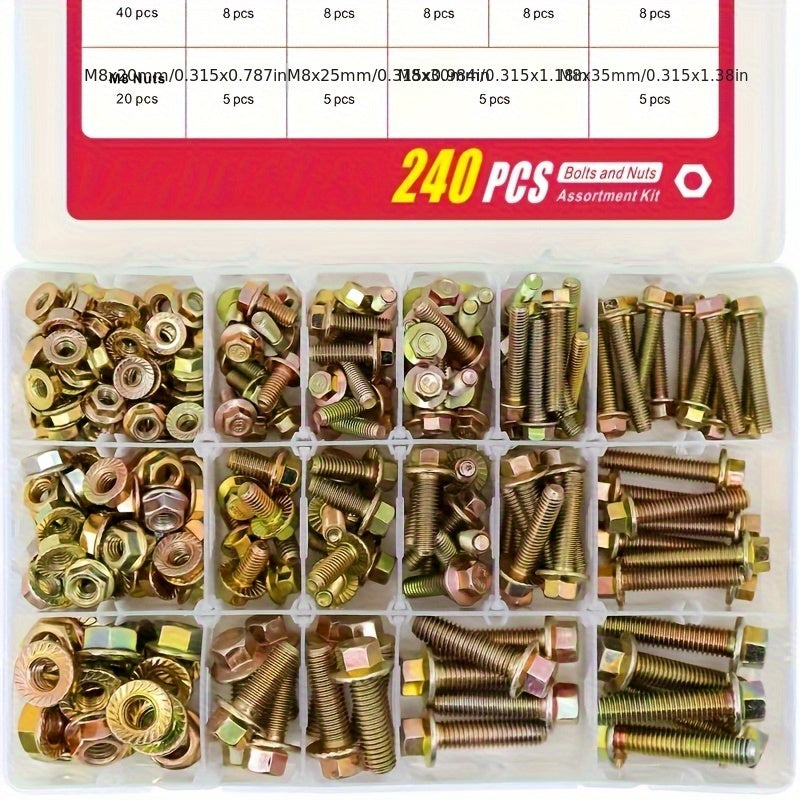 Metric Flange Bolt Nut Assortment Kit 240pcs ¨C M5 M6 M8 Alloy Steel Hex Screws & Nuts Set in 14 Sizes Corrosion-Resistant for DIY Repair Automotive Machinery with Clear Storage Box