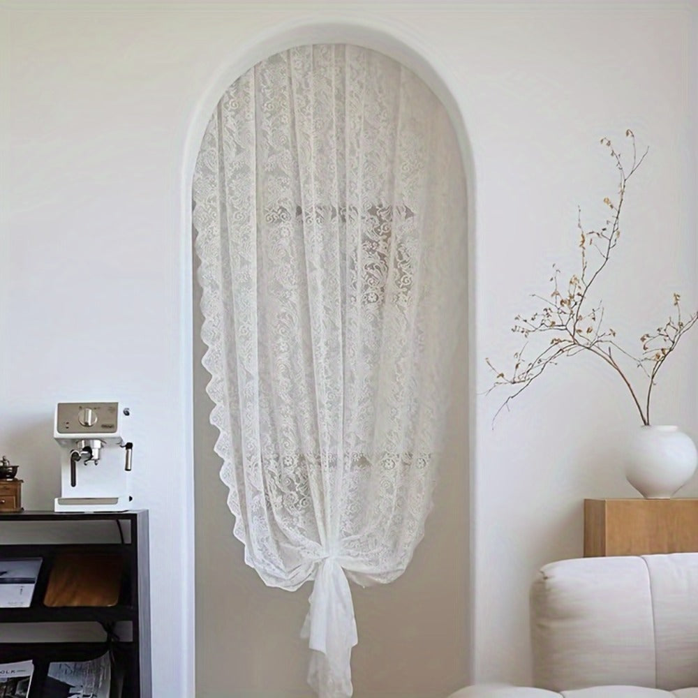 Sheer Curtain Rod Pocket Floral Lace Semi-Sheer Window Panel for Living Room Bedroom Kitchen Bathroom, 100% Polyester, Machine Washable, White Light Green Coffee