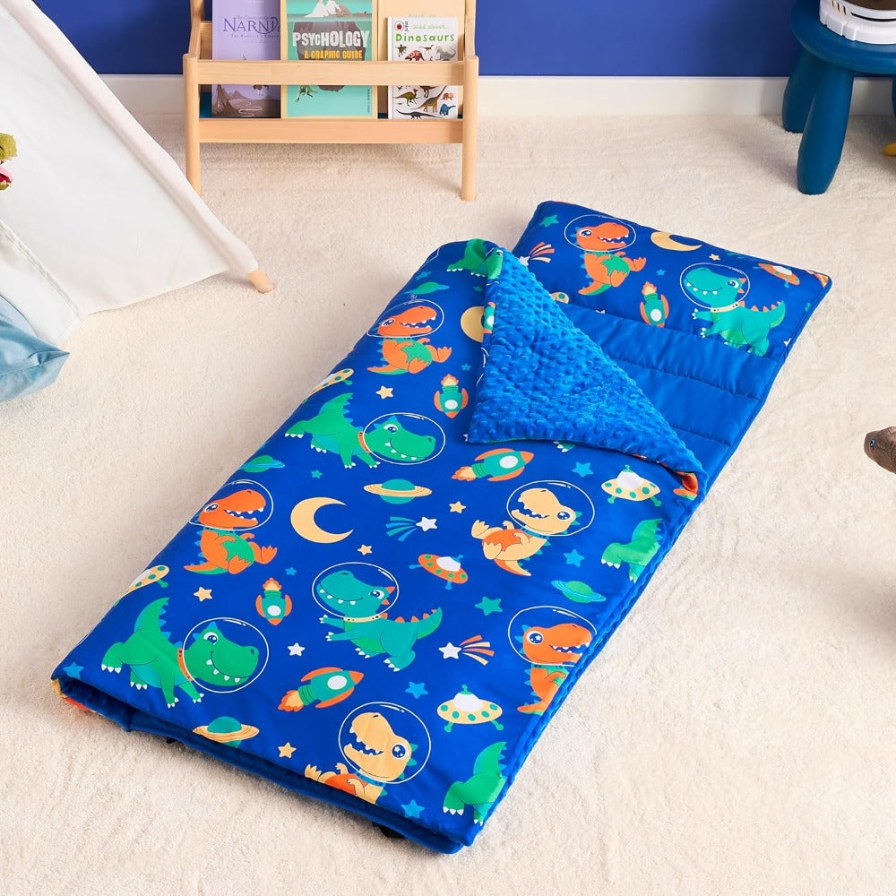 Kids Nap Mat with Removable Pillow & Minky Blanket - Soft Roll-Up Sleeping Bag for Boys Girls, Blue Dinosaur Design, Preschool Kindergarten Daycare Sleepover, Ages 3+, 55''x30''