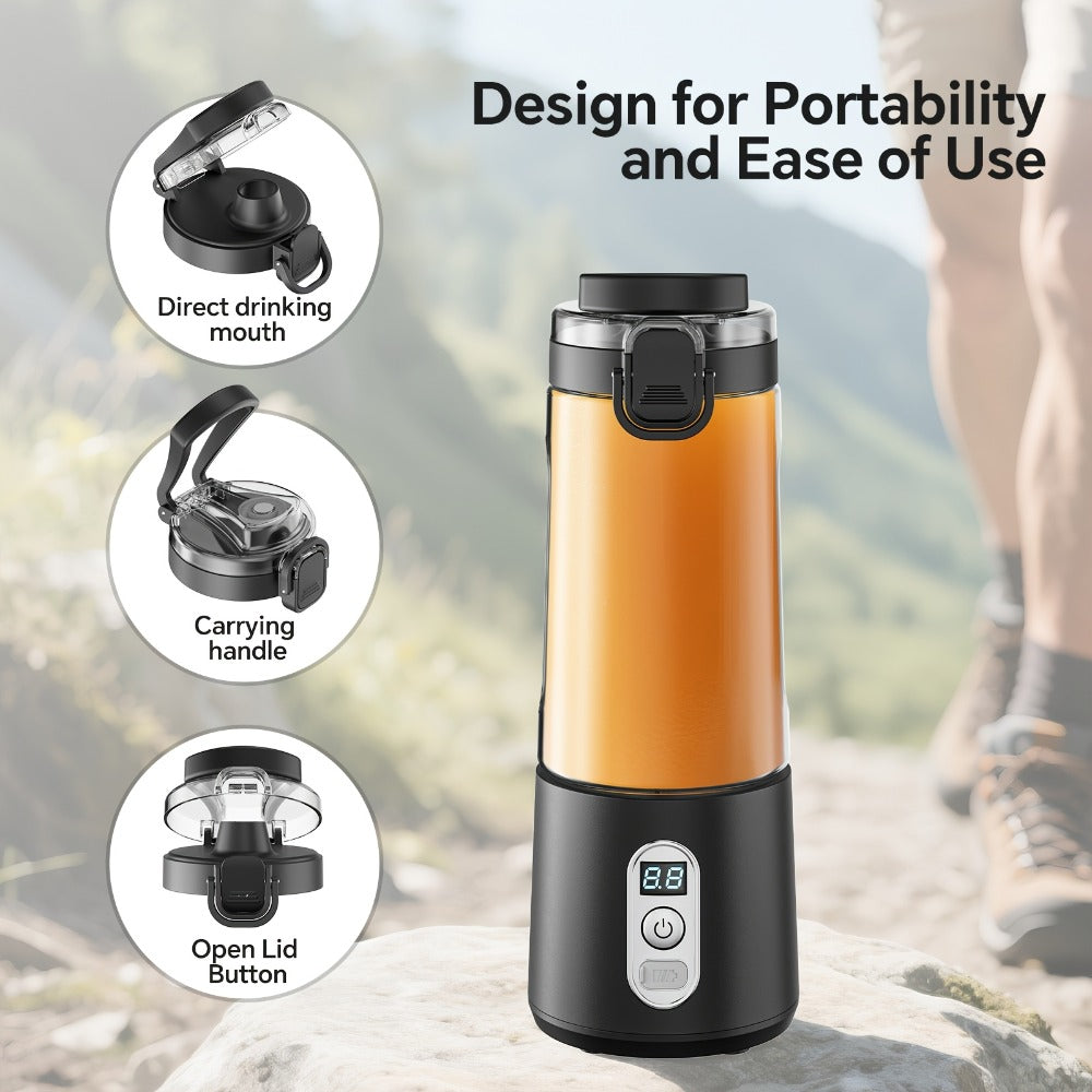 Portable Smoothie Blender USB-C Fast Charge 6-Blade Stainless Steel ¨C Digital Timer Battery Display High-Speed Ice Crush No-Spill Lid | Protein Shake Gym Travel Blender in Black Pink White