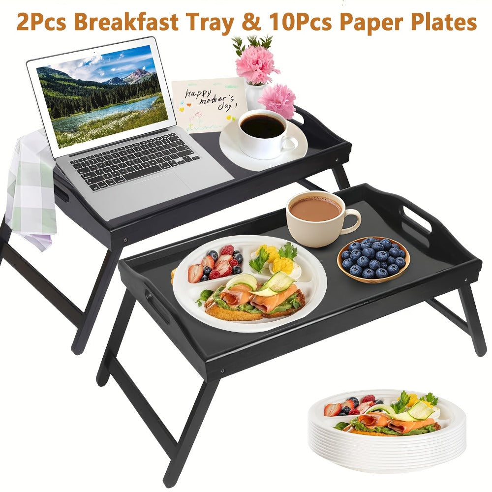 Bamboo Breakfast Tray with Folding Legs & Handles 2 Pack ¨C Extra Wide Foldable Bed Tray Table for Eating, Working & Drawing on Sofa or Bed, Food-Safe Natural Bamboo with 10 Paper Plates