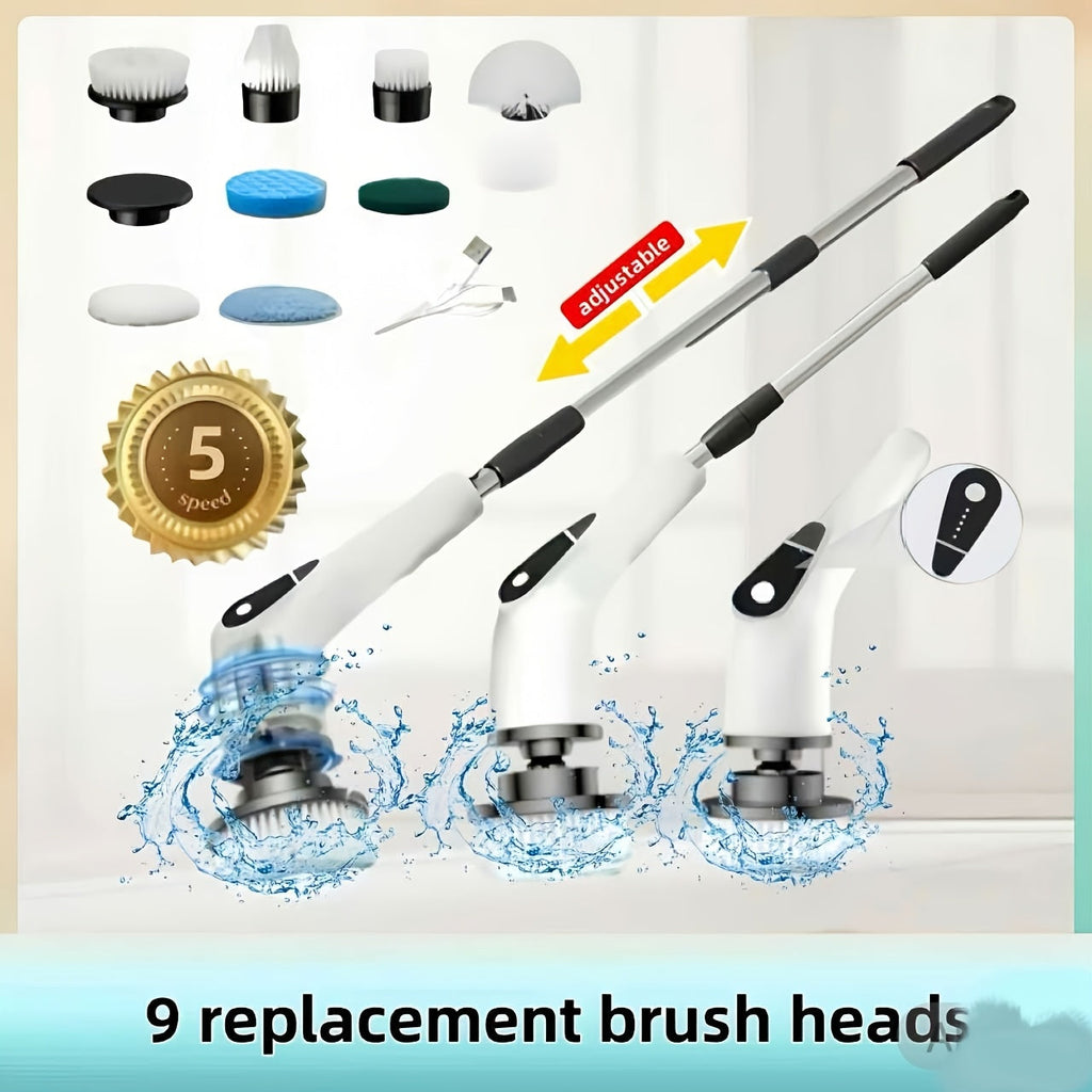 Electric Spin Scrubber with 9 Interchangeable Brush Heads 5 Speed Settings & 3 Extendable Handles - Power Scrubber for Bathroom Kitchen Tile Floor Carpet, Cordless Rotary Cleaning Brush Green White