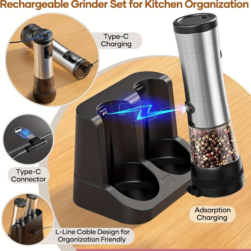 Electric Salt and Pepper Grinder Set Rechargeable USB Large Capacity with Base Automatic Adjustable Coarseness LED Display Kitchen Gift Silver Black