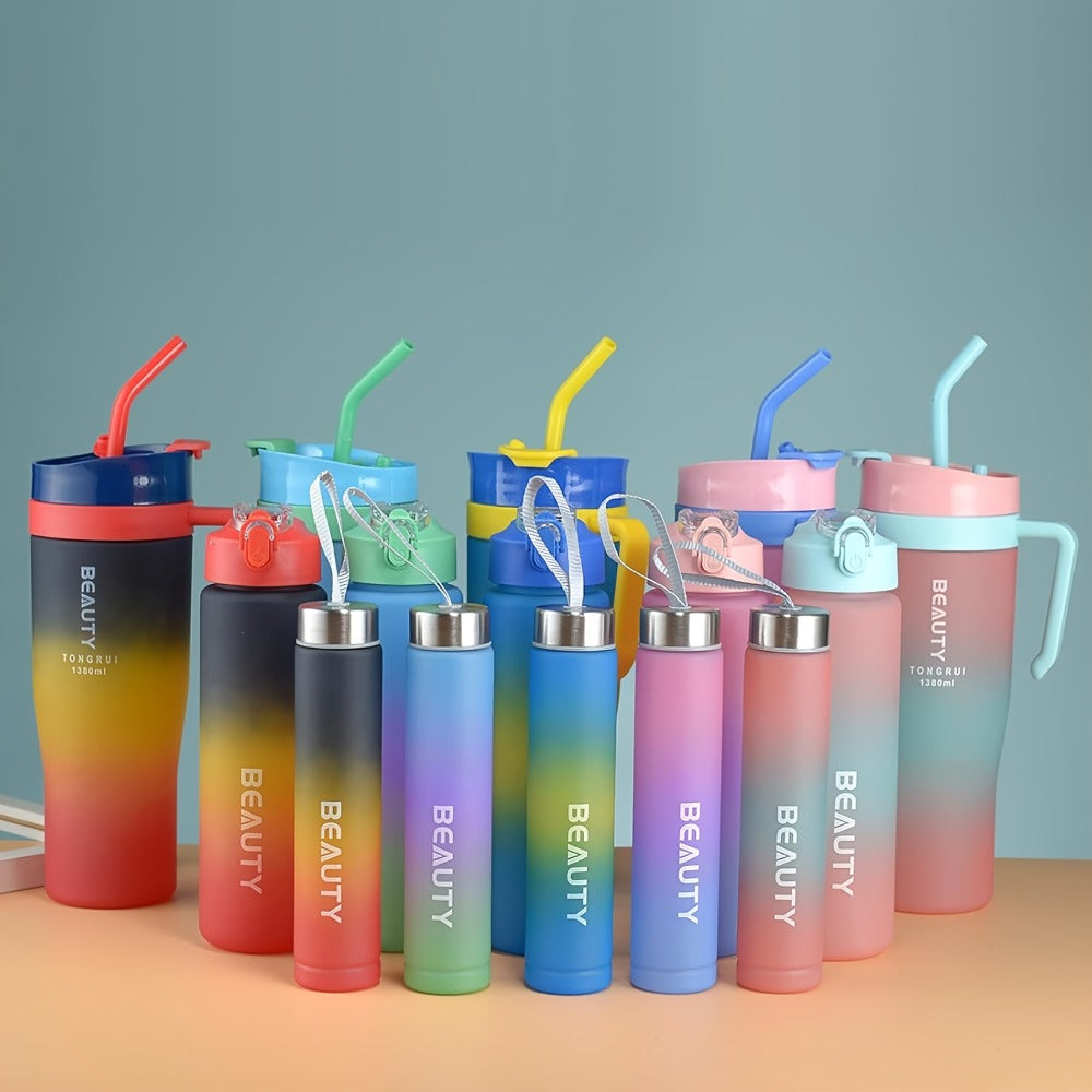 Tumbler Set 3pcs Gradient Color Frosted Plastic Water Cup with Straw Double Drinking Large Capacity Car Handle Cup 10oz 27oz 40oz 300ml 800ml 1200ml for Travel Gym Car Office Black and White