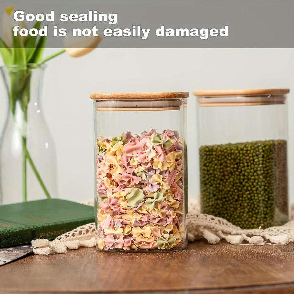 Glass Food Storage Jars with Bamboo Lids 37oz 6pcs Set Airtight Square Glass Containers for Kitchen Pantry Dry Food Tea Coffee Flour Sugar Candy Spices Cookies Clear Canister Organizer
