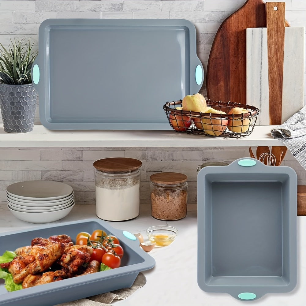 Silicone Baking Pans Set 4-Piece ¨C Nonstick Bakeware with Metal Reinforced Frame, Includes Baking Sheet, Cookie Sheet & Cake Pan with Grips, Oven Safe, Easy Release ¨C Navy Blue & Light Gray
