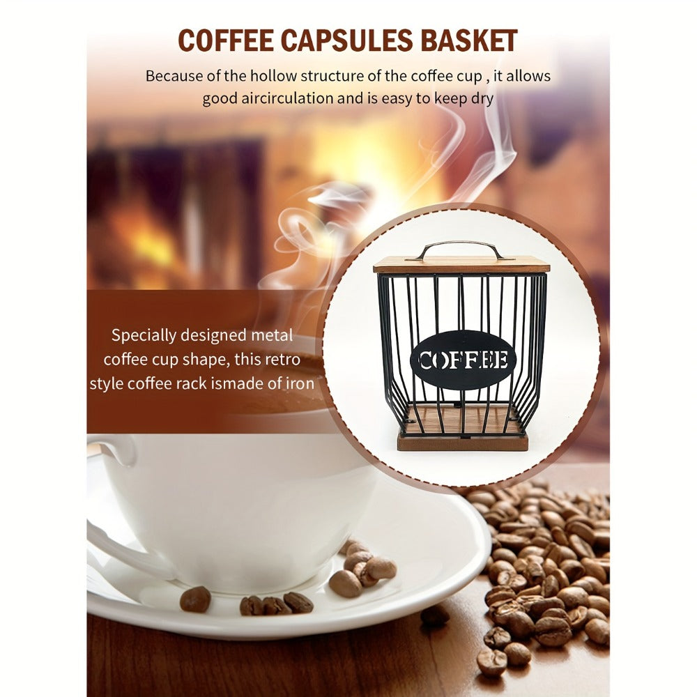 K-Cup Coffee Pod Holder Rack with Lid ¨C Large Capacity Black Metal Square Coffee Capsule Storage Organizer with Wooden Base, Modern Coffee Bar Countertop Decoration for Coffee Beans & Capsules ¨C Black