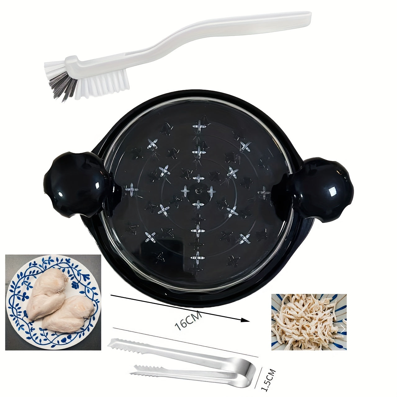 Chicken Shredder Tool with 360¡ã Twist Handle, Large Meat Shredder with Anti-Slip Base, Ergonomic Grip, BPA-Free, Transparent Lid, Includes Heat Tongs & Cleaning Brush for Chicken Breast Pulled Pork