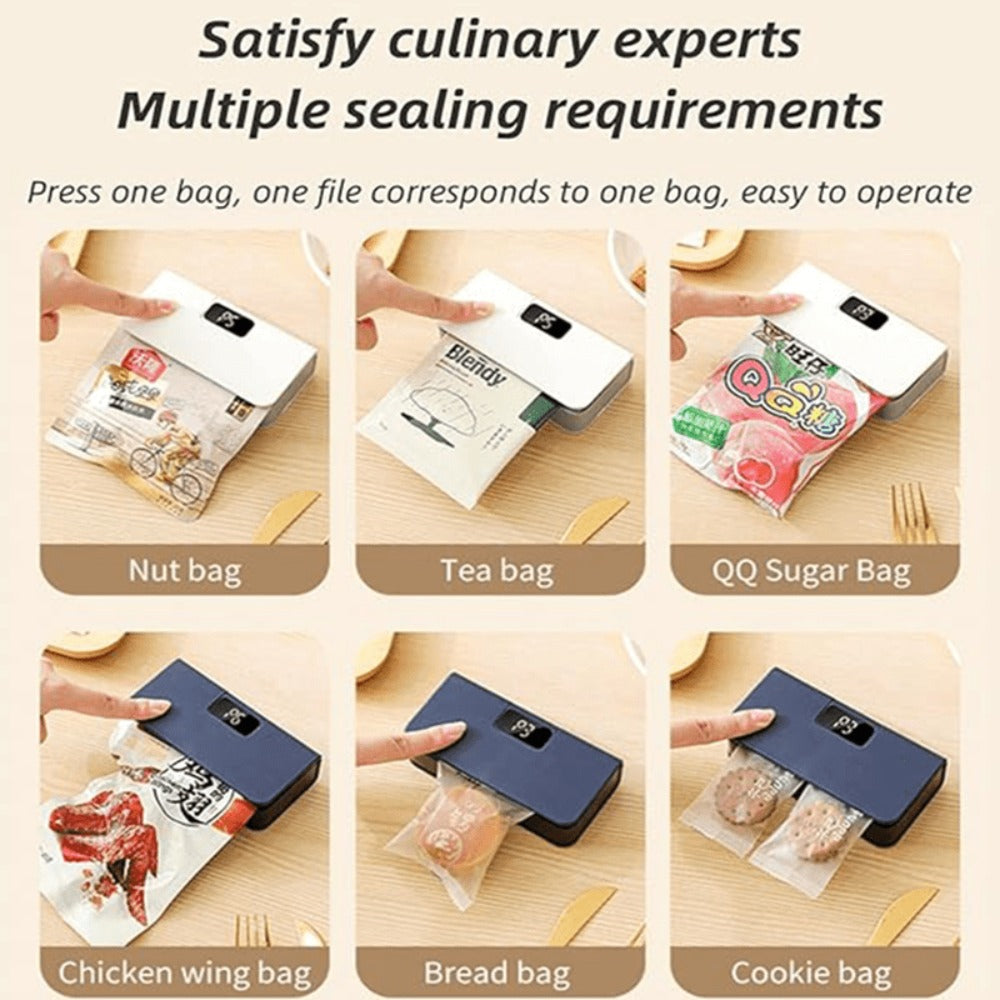 Portable Mini Bag Sealer USB Rechargeable ¨C Handheld Food Sealer with Built-In Cutter for Fruits, Vegetables, Snacks & Chips ¨C Compact Kitchen & Outdoor Picnic Sealing Tool, White & Blue