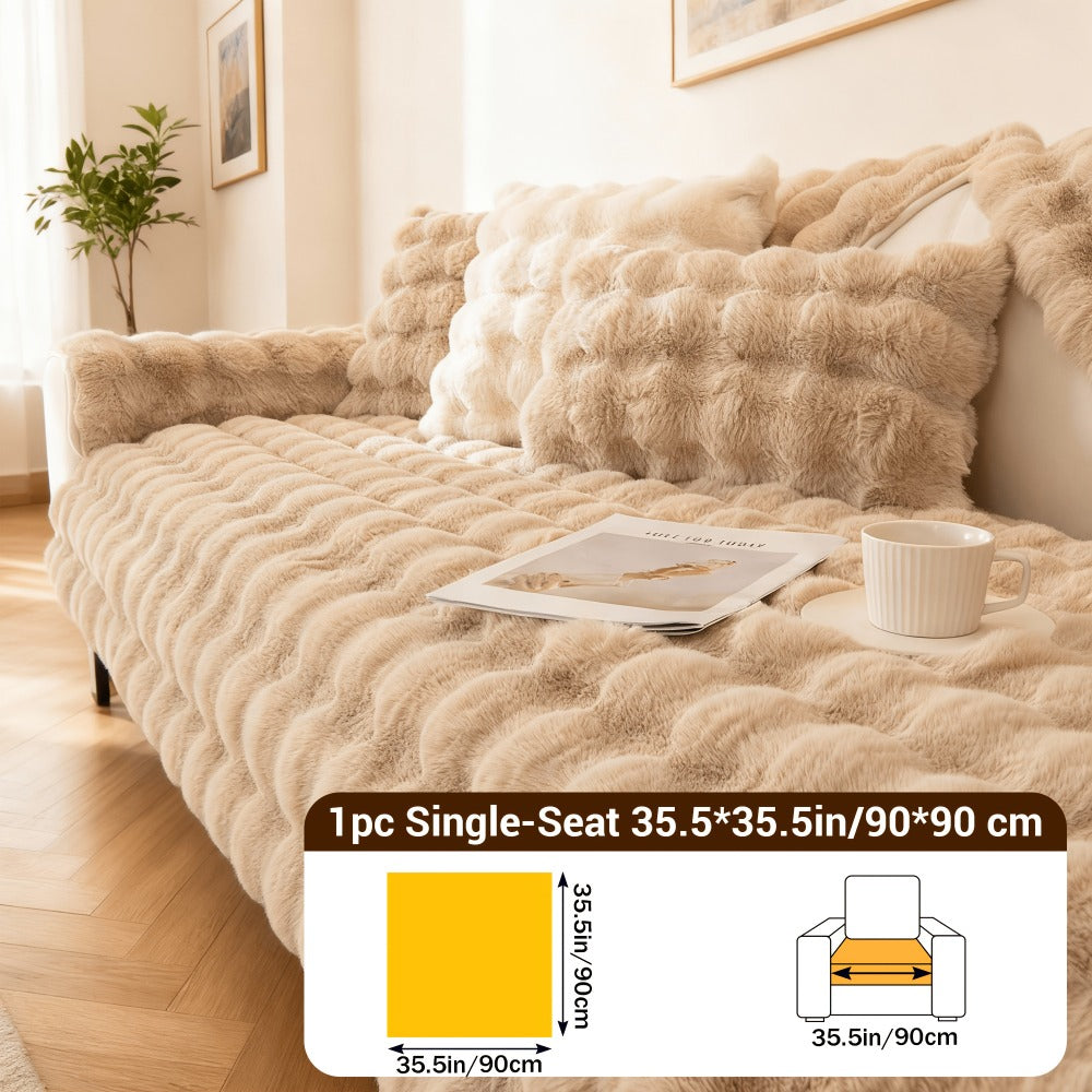 Bubble Soft Faux Rabbit Fur Sofa Cover - Non-Slip Silicone Backing Stretchable Slipcover Pet Friendly Machine Washable for Living Room Bedroom Dorm, 4 Colors Multiple Sizes