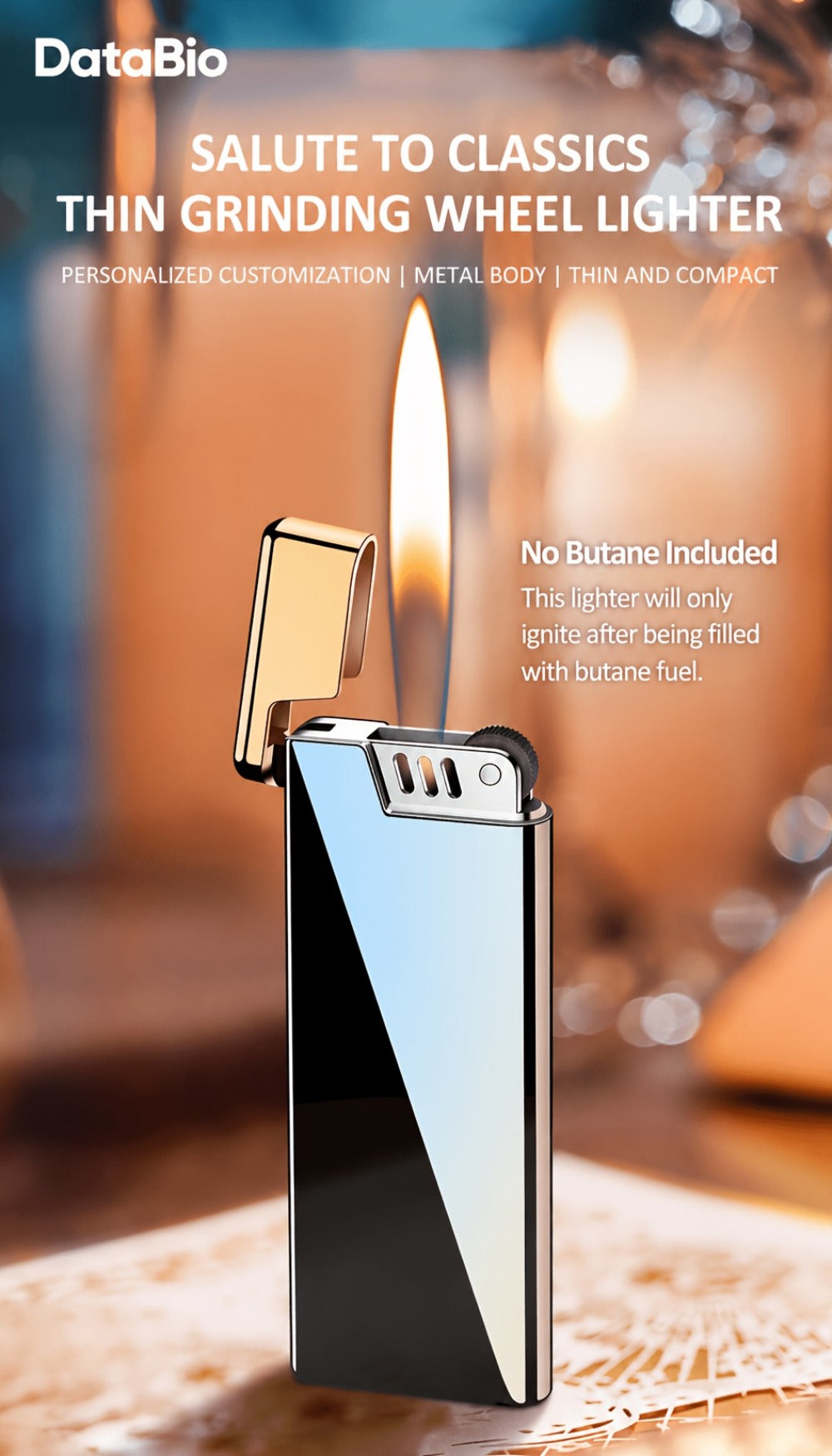 Ultra-Thin Refillable Butane Lighter - Slim Pocket Lighter with Wheel Ignition, Adjustable Open Flame, Windproof Gas Lighter for Kitchen, Candles & Outdoor Use, Unisex Design (Butane Not Included)