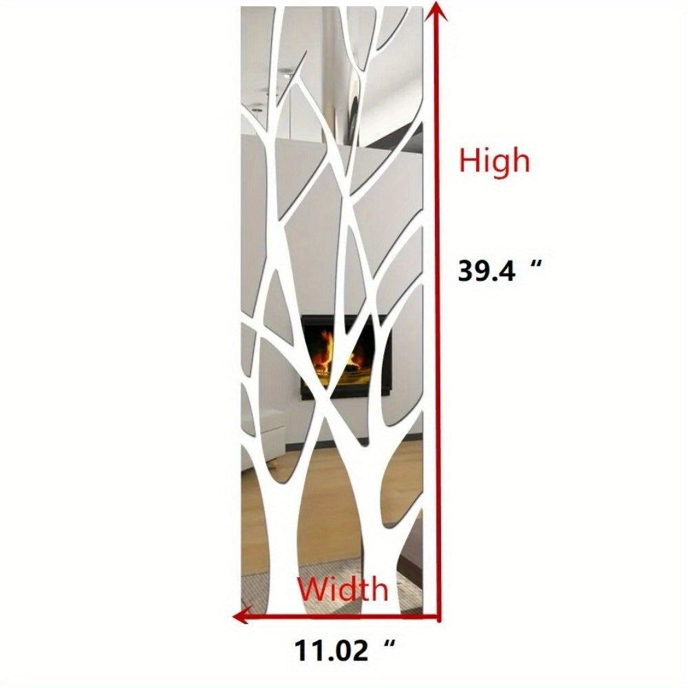 3D Mirror Tree Acrylic Wall Sticker ¨C Removable Reflective Wall Decal for Living Room, Bedroom, TV Wall & Sofa Area | Glossy Silver Mirror Finish Wall Art Decor | 1000x280mm