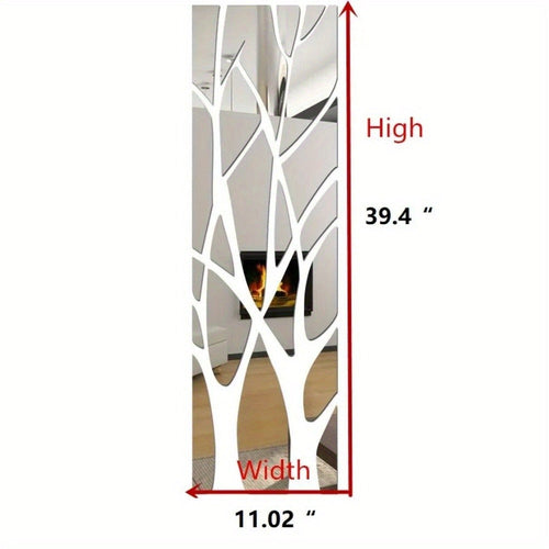 3D Mirror Tree Acrylic Wall Sticker ¨C Removable Reflective Wall Decal for Living Room, Bedroom, TV Wall & Sofa Area | Glossy Silver Mirror Finish Wall Art Decor | 1000x280mm