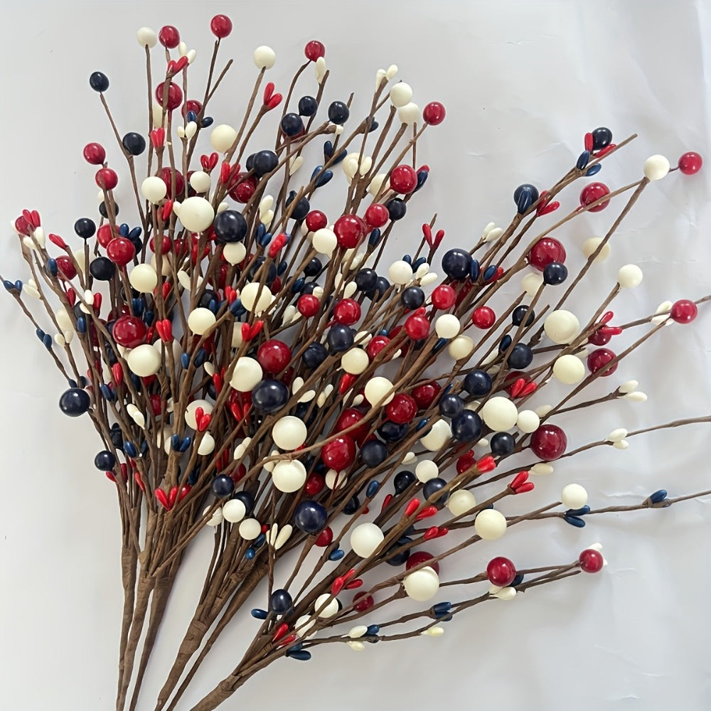 Artificial Berry Branches Red White Blue Patriotic Decor ¨C 5pcs Fake Plastic Stems for Home Tabletop Vase Floral Arrangement Fourth of July