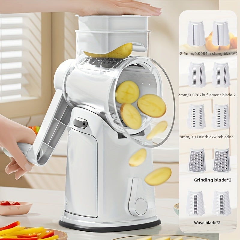 Rotary Cheese Grater with Handle 10 Interchangeable Blades Suction Cup Base Easy Clean Kitchen Slicer for Cheese Vegetables Fruits Nuts