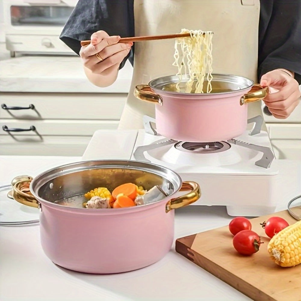 304 Stainless Steel Cookware Set with Golden Handles, 1/10/15pcs Deep Thick Soup Pot & Pan Set for Induction & Gas Stoves, Outdoor Camping & Kitchen Cooking, Pink, Silver & Orange