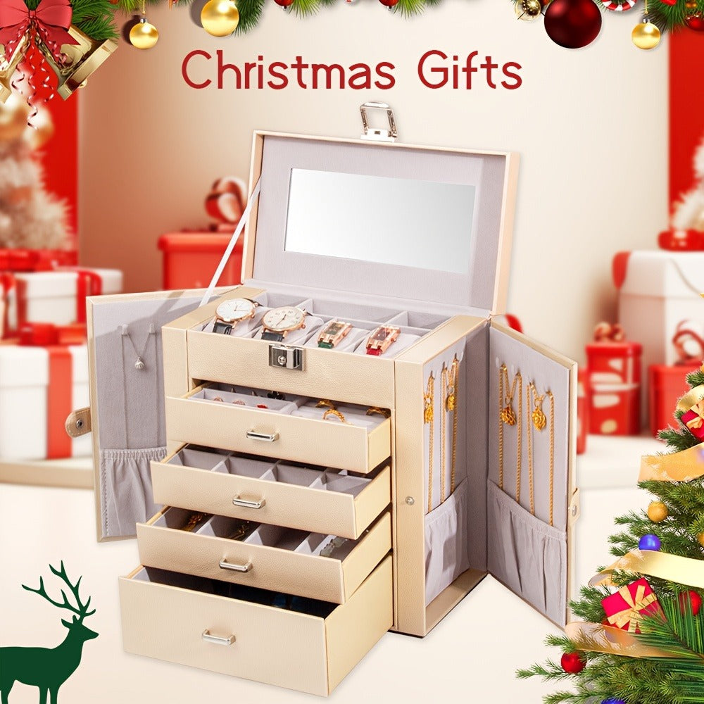 Large Jewelry Box 5-Tier PU Leather Organizer with Lock & Mirror ¨C Storage Case for Bracelets, Earrings, Rings & Necklaces