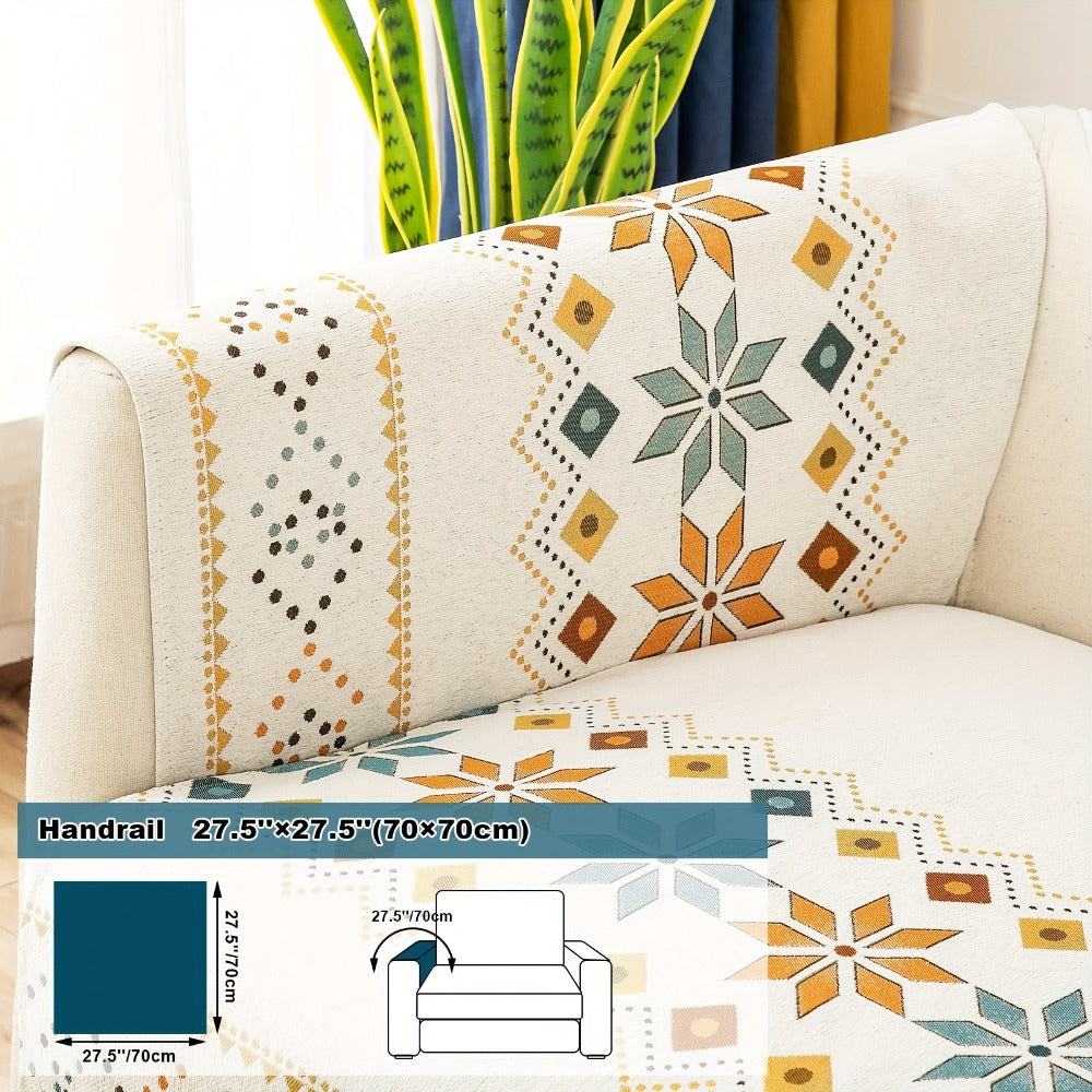 Bohemian Chenille Sofa Cover | Geometric Print Non-Slip Couch Slipcover, Thick Plush Boho Style, 1 to 4 Seat, Armrest & Backrest, Machine Washable, Sectional Sofa Protector