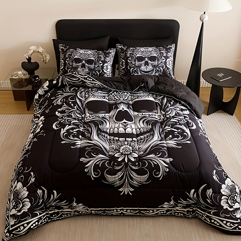 Skull Quilt Set 3pcs Gothic Victorian Comforter with 2 Pillowcases | Black Gray Digital Print Bedding Twin Full Queen King