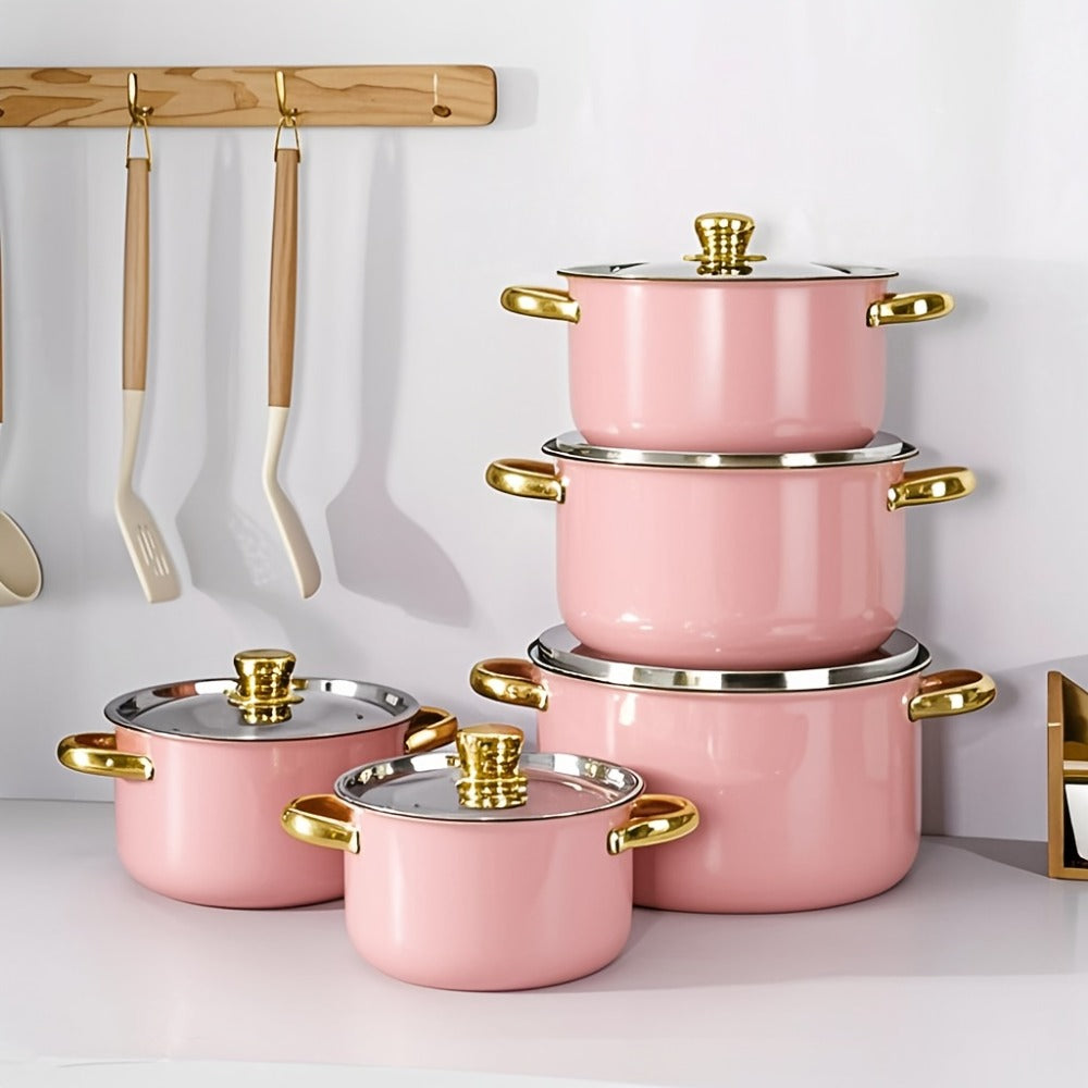 304 Stainless Steel Cookware Set with Golden Handles, 1/10/15pcs Deep Thick Soup Pot & Pan Set for Induction & Gas Stoves, Outdoor Camping & Kitchen Cooking, Pink, Silver & Orange