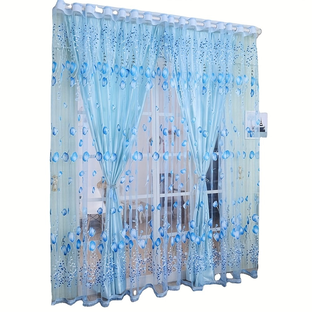 Sheer Tulip Curtains 79 Inch Length - 2 Panels Set Spring Flower Print Chiffon Window Drapes for Living Room Bedroom Balcony Rod Pocket