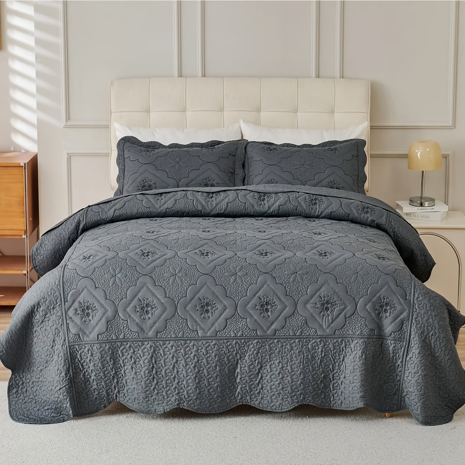 Quilt Set 3 Piece Floral Embroidery Bedspread - 100% Polyester Wrinkle Resistant Lightweight Quilted Coverlet with 2 Pillow Shams for Full Queen King Bed, Elegant Bedroom Decor in 19 Colors