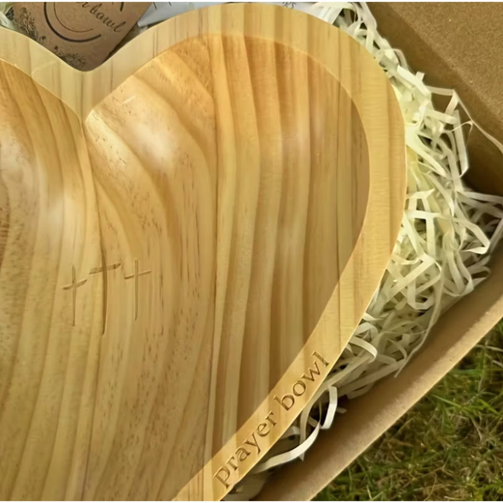 Wooden Prayer Bowl with 24 Prayer Cards ¨C Hand-Carved Heart Shaped Cross Engraved Vintage Religious Gift Set for Easter, Christmas, Thanksgiving, Home Altar & Prayer Room Tabletop Decor