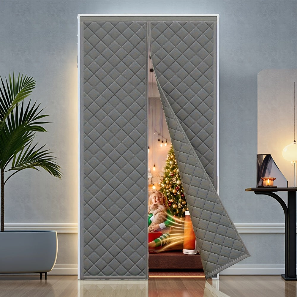 Thermal Insulated Door Curtain Magnetic Closure Knit Plaid Pattern ¨C Windproof Insulation Blanket for Front Door, Sliding Glass, Patio & French Doors, Keep Cold Out, Grey & Brown, Multiple Sizes