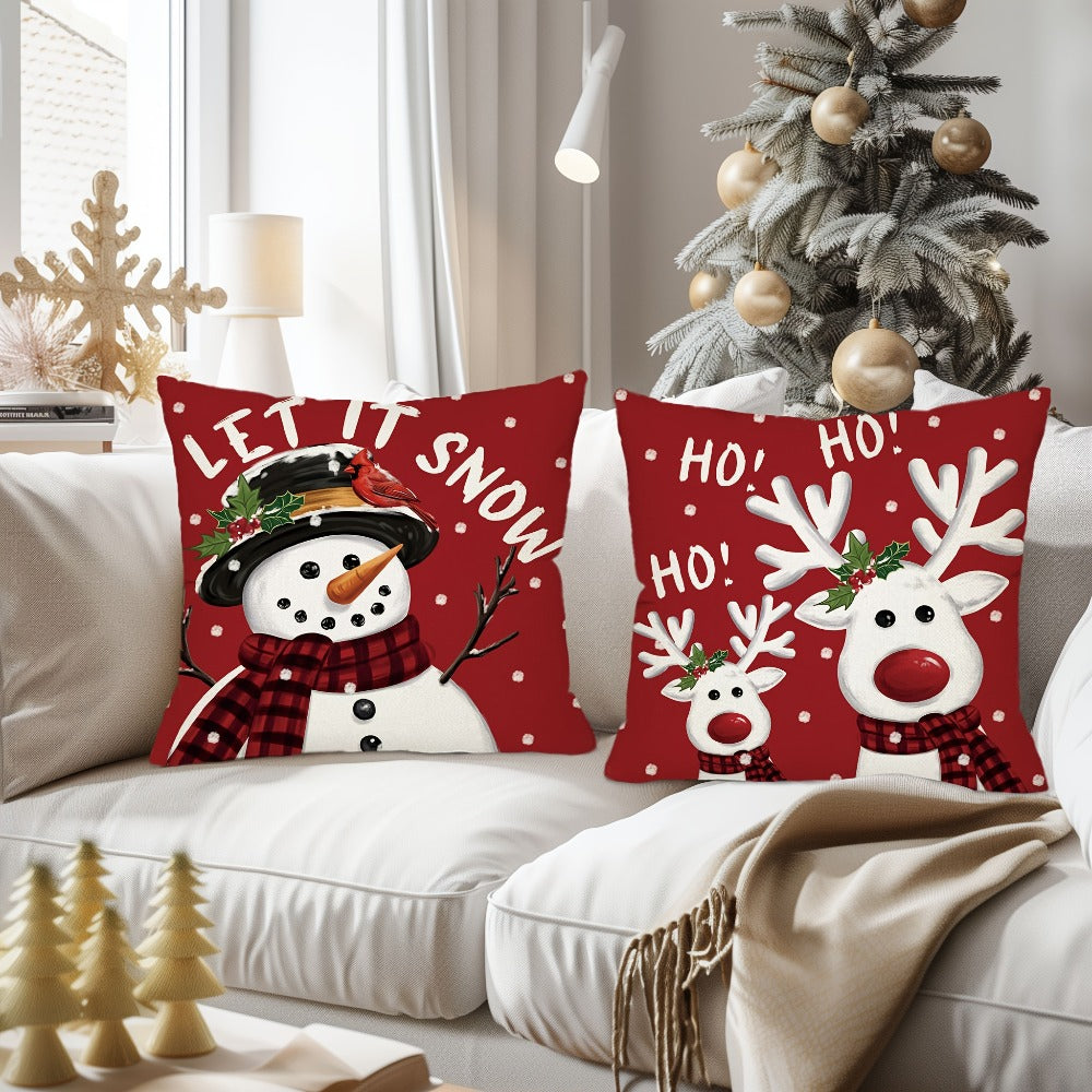 Christmas Throw Pillow Covers 4pcs Set 18x18 | Reindeer Snowman Buffalo Plaid Cushion Covers, Winter Holiday Farmhouse Home Decor, Sofa Couch Porch Patio, No Insert