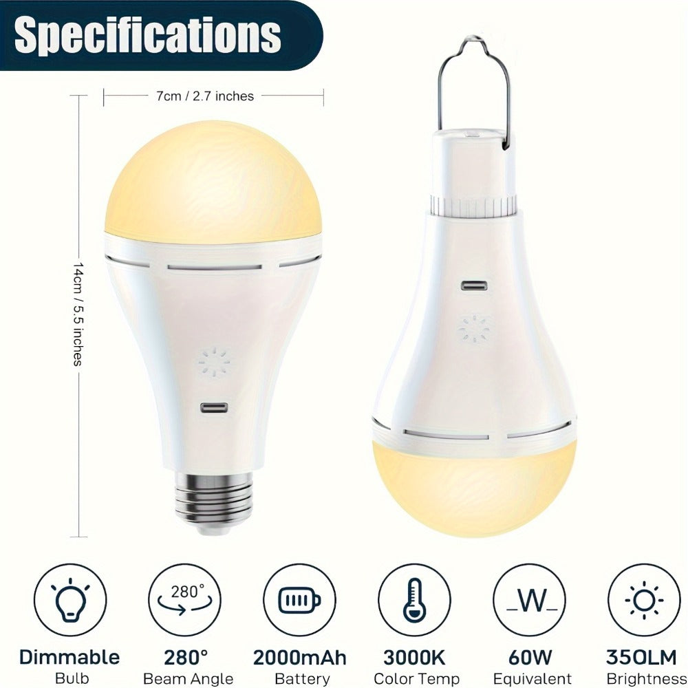 USB Rechargeable Light Bulbs 2-Pack with Remote Control Dimmable Timer 3 Color Temperatures E26 9W 350LM 2000mAh Emergency LED Bulb with Hook for Camping