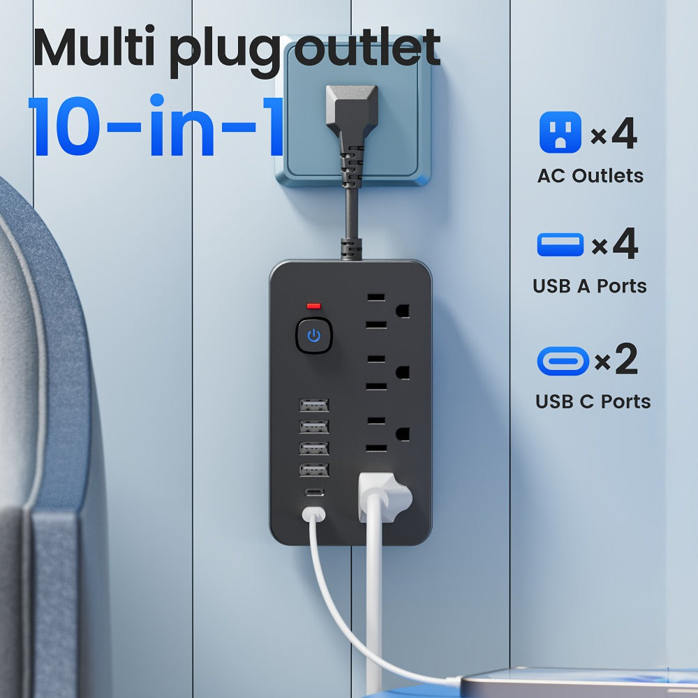 Outlet Extender Power Strip Wall Mountable 14-in-1 10-in-1 with 8 AC Outlets 6 USB Ports 2 USB-C One-Touch Control Switch Overload Protection Short Cord Design for Home Office School Den White Black