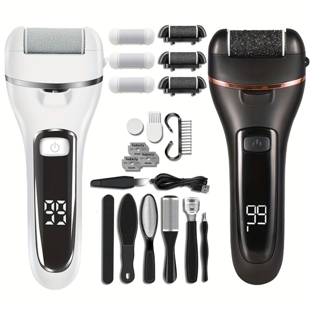 Electric Pedicure Foot File 10-in-1 Kit ¨C Rechargeable with Digital Display, 3 Roller Heads, Dead Skin & Hard Skin Remover for Men & Women